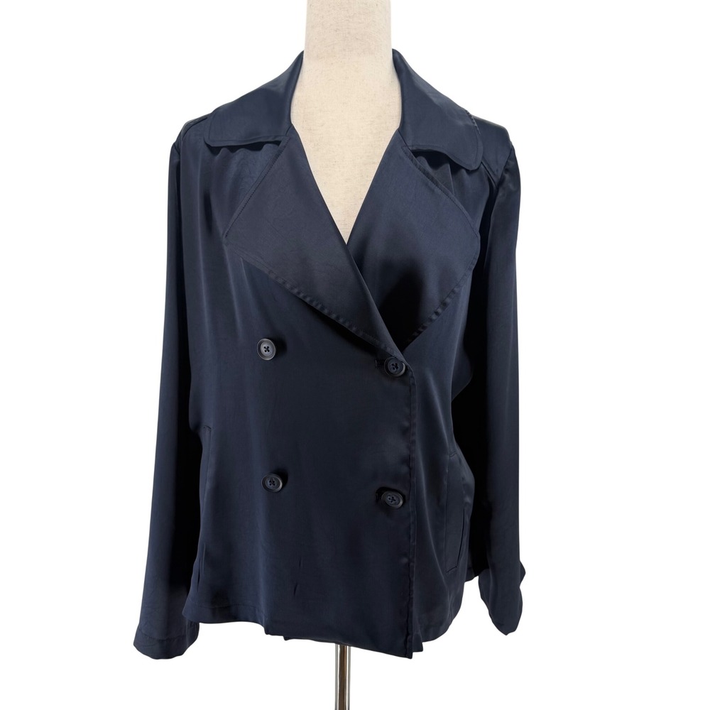 New Chico's Silky Washer Jacket Navy Double Breasted Trench Coat Size 2 Lg 12-14
